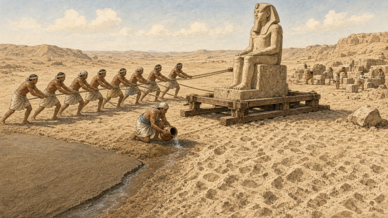 Interpretive illustration of ancient Egyptian workers pulling a seated stone statue on a wooden sledge while a worker pours water ahead of the runners, showing the damp hauling surface against loose desert sand.
