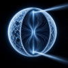 Why Does a Neutron Star Suddenly Spin Faster? Conceptual cutaway illustration of a blue-white neutron star, showing a thin outer crust around an interior of parallel luminous vortex filaments, with polar beams against black space; an artistic representation of the superfluid coupling proposed to produce pulsar glitches, not a direct observation.