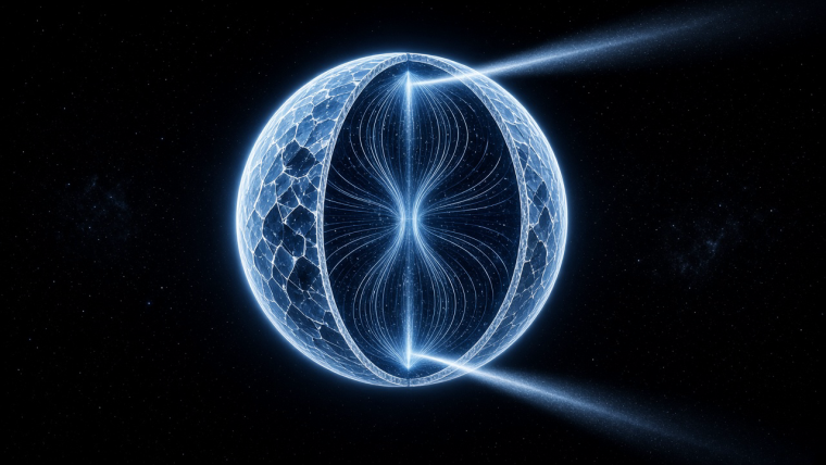 Why Does a Neutron Star Suddenly Spin Faster? Conceptual cutaway illustration of a blue-white neutron star, showing a thin outer crust around an interior of parallel luminous vortex filaments, with polar beams against black space; an artistic representation of the superfluid coupling proposed to produce pulsar glitches, not a direct observation.