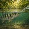 Natural-history illustration of a banded archerfish beneath the surface of a mangrove pool, its mouth at the waterline shooting a narrow jet diagonally toward an insect on an overhanging leaf; the water gathers into a thicker leading tip.