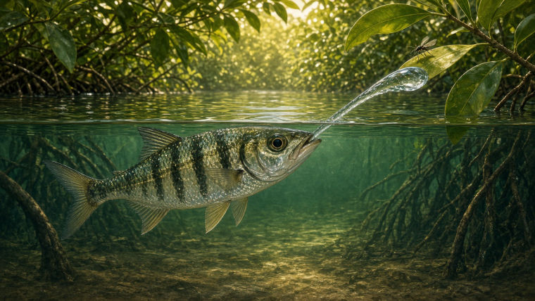 How Does an Archerfish Shoot Through Two Worlds? Natural-history illustration of a banded archerfish beneath the surface of a mangrove pool, its mouth at the waterline shooting a narrow jet diagonally toward an insect on an overhanging leaf; the water gathers into a thicker leading tip.