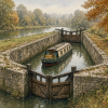 How Does a Canal Lock Lift a Boat Without Lifting Machinery? Architectural watercolor illustration of a narrowboat floating inside a stone canal lock in an autumn landscape, with wooden gates separating the chamber from higher and lower stretches of canal.