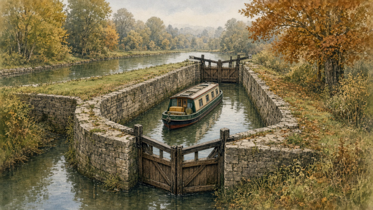 How Does a Canal Lock Lift a Boat Without Lifting Machinery? Architectural watercolor illustration of a narrowboat floating inside a stone canal lock in an autumn landscape, with wooden gates separating the chamber from higher and lower stretches of canal.