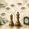 Why Can Equal Chess Scores Produce Different Places? Editorial illustration of wooden chess pieces and a chess clock on a foreground board, with branching lines connecting smaller chessboards behind them to evoke the network of opponents used in tournament tie-break calculations.