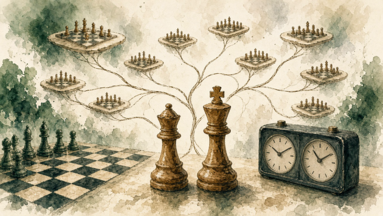 Why Can Equal Chess Scores Produce Different Places? Editorial illustration of wooden chess pieces and a chess clock on a foreground board, with branching lines connecting smaller chessboards behind them to evoke the network of opponents used in tournament tie-break calculations.