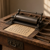 How Did Sequoyah Make Cherokee Speech Readable? Illustrative reconstruction of a nineteenth-century printing bench: compartmented metal type, an ink roller, and cream paper on warm wooden surfaces in window light, evoking the material tools of Cherokee newspaper printing. No historical artifact or readable Cherokee text is depicted.