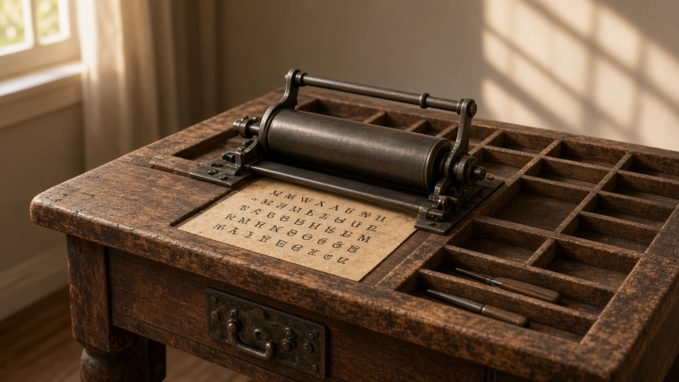 How Did Sequoyah Make Cherokee Speech Readable? Illustrative reconstruction of a nineteenth-century printing bench: compartmented metal type, an ink roller, and cream paper on warm wooden surfaces in window light, evoking the material tools of Cherokee newspaper printing. No historical artifact or readable Cherokee text is depicted.