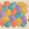 Editorial illustration of an imaginary flat map on ivory paper with irregular regions in coral, teal, yellow and violet, dark boundaries and four colored pencils; illustrative rather than a formally verified coloring.