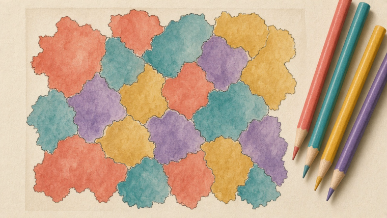 Why Are Four Colors Enough for Any Flat Map? Editorial illustration of an imaginary flat map on ivory paper with irregular regions in coral, teal, yellow and violet, dark boundaries and four colored pencils; illustrative rather than a formally verified coloring.