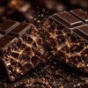 Macro photograph of glossy dark chocolate squares broken apart to reveal a clean snap, with a subtle crystal-lattice light pattern across the surface suggesting the triclinic Form V cocoa butter crystal structure responsible for chocolate's gloss and snap.