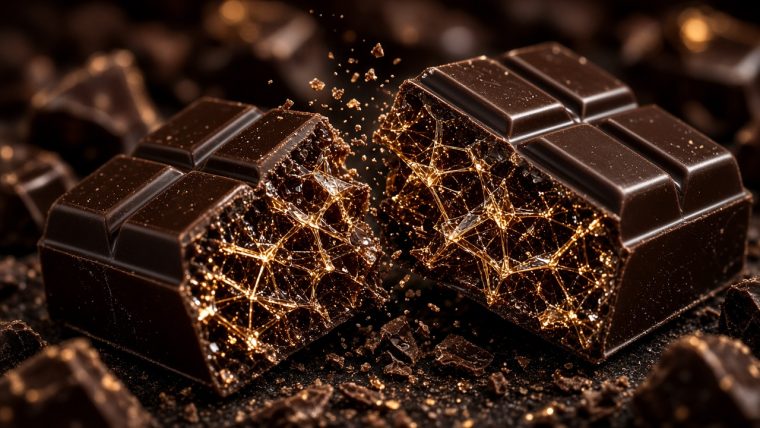 Why Can’t You Just Melt Chocolate and Let It Set? Macro photograph of glossy dark chocolate squares broken apart to reveal a clean snap, with a subtle crystal-lattice light pattern across the surface suggesting the triclinic Form V cocoa butter crystal structure responsible for chocolate's gloss and snap.