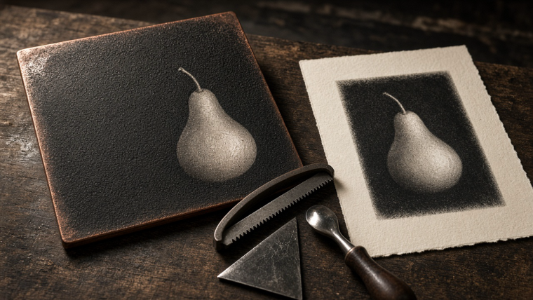 Generated editorial illustration of a mezzotint workshop: a partly burnished copper plate showing a pear, a serrated rocker, scraper and burnisher beside a black-and-white pear print on cream paper. Raking light emphasizes copper texture and the contrast between velvety black and pale highlights.