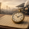 Why Did Britain Once Have Different Local Times? Historical illustration of a gold nineteenth-century pocket watch with contrasting gold and blue minute hands on a railway timetable; a steam railway station and telegraph wires appear behind it, evoking the coexistence of local and Greenwich time.