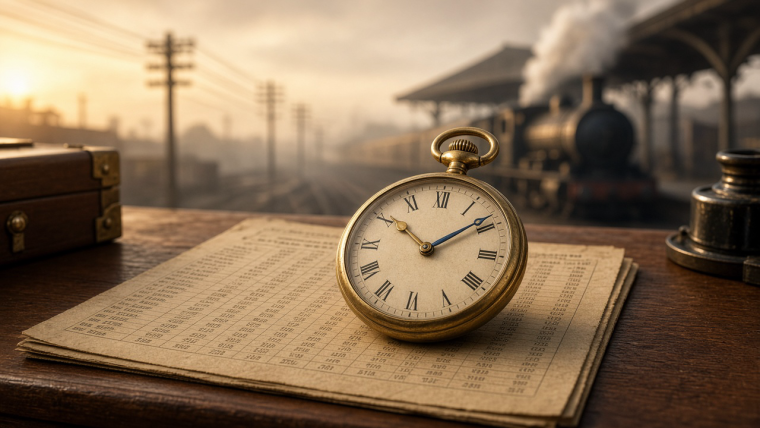 Why Did Britain Once Have Different Local Times? Historical illustration of a gold nineteenth-century pocket watch with contrasting gold and blue minute hands on a railway timetable; a steam railway station and telegraph wires appear behind it, evoking the coexistence of local and Greenwich time.