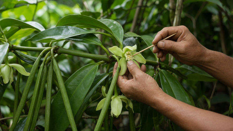 Why Does Vanilla Need a Human Hand? Illustration of a farmer using a slender wooden pick to hand-pollinate a pale green vanilla orchid, surrounded by glossy vine leaves and developing green vanilla capsules in a shaded tropical garden.