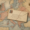 How Did One Stamp Become a Ticket Across Borders? Historical-style illustration of a stamped cream envelope on an antique map of Europe, with a dotted red route crossing borders, a brass postal scale, and bundles of letters tied with red cord. Conceptual artwork, not an authentic historical map or postal artifact.