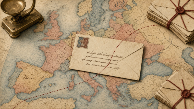 How Did One Stamp Become a Ticket Across Borders? Historical-style illustration of a stamped cream envelope on an antique map of Europe, with a dotted red route crossing borders, a brass postal scale, and bundles of letters tied with red cord. Conceptual artwork, not an authentic historical map or postal artifact.
