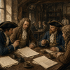 Why Did London Get Its News in Coffeehouses? Historical editorial illustration of a seventeenth-century London coffeehouse: merchants and a sea captain discuss shipping papers around a wooden table with small coffee cups, while other patrons converse beneath leaded windows. An imagined scene illustrating how letters and spoken reports met in a shared business space.
