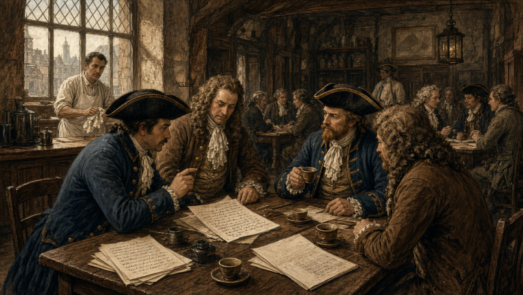 Historical editorial illustration of a seventeenth-century London coffeehouse: merchants and a sea captain discuss shipping papers around a wooden table with small coffee cups, while other patrons converse beneath leaded windows. An imagined scene illustrating how letters and spoken reports met in a shared business space.