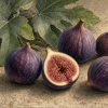 Botanical-style illustration of four whole purple figs and one lengthwise-cut fig on a warm stone surface, with lobed green fig leaves behind them. The cut fig reveals a pale fleshy wall surrounding a dense reddish interior of tiny flower-derived structures and pale seeds.