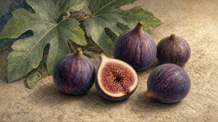 Botanical-style illustration of four whole purple figs and one lengthwise-cut fig on a warm stone surface, with lobed green fig leaves behind them. The cut fig reveals a pale fleshy wall surrounding a dense reddish interior of tiny flower-derived structures and pale seeds.