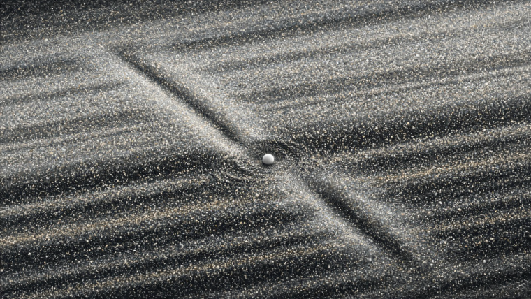 Why Are There Propellers in Saturn’s Rings? Conceptual illustration of an icy moonlet amid the fine silver particles of Saturn’s A ring, with two elongated offset disturbances extending away on opposite sides. The granular ring lanes and dark partial clearings evoke a propeller-shaped footprint; this is an artistic visualization, not a Cassini photograph or a scale simulation.