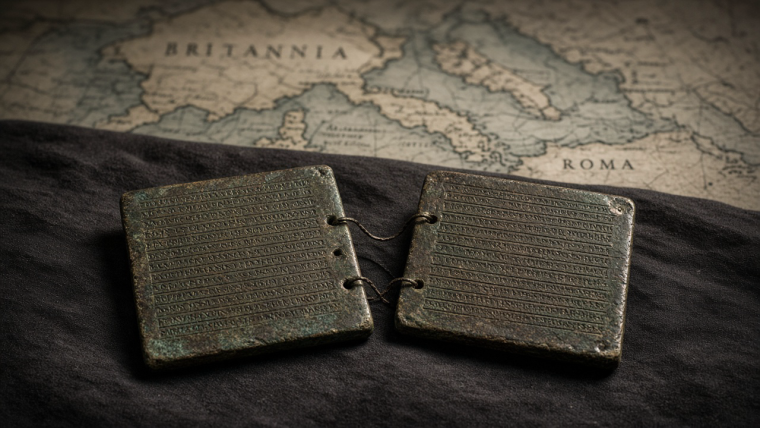 Illustrative reconstruction of two patinated Roman bronze diploma tablets with engraved rows and wire bindings, lying on dark cloth before a stylized map marked Britannia and Roma; not a reproduction of Reburrus’s actual diploma.