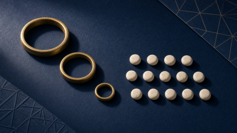 How Can Remainders Put a Number Back Together? Three brass rings of descending sizes and fourteen ivory-colored counting stones on dark blue paper, an illustrative still life evoking the separate cycles used in the Chinese remainder theorem rather than a literal diagram of its 3, 5, and 7 moduli.