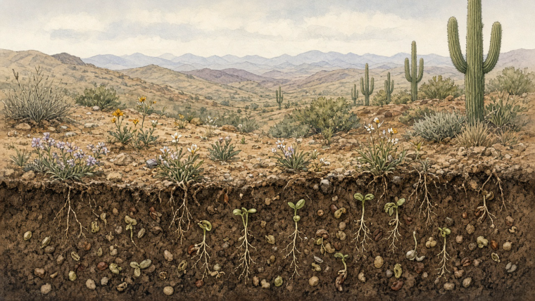 Why Don’t All Desert Seeds Wake Up When It Rains? Conceptual illustration of a Sonoran Desert hillside after rain, with scattered seedlings above a cutaway of soil containing dormant seeds and a few germinating seeds with roots. Seeds are enlarged to make the hidden seed bank visible; saguaros and mountains stand in the background.