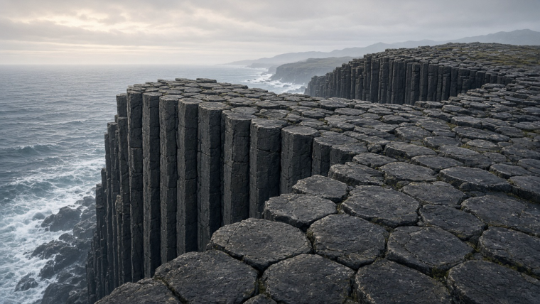 Why Does Cooling Lava Make Stone Columns? Generated geological illustration of dark basalt columns beside an overcast ocean, showing adjoining irregular polygonal tops in the foreground and tall joint-bounded sides along the cliff.