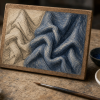 Illustration of an unfinished wooden painting panel: outlined folds on the left become blue cloth built from fine pale and dark strokes on the right. Pigment bowls, a fine brush, and an egg yolk sit on the wooden workbench. This is an imagined demonstration, not a reproduction of a historical painting.