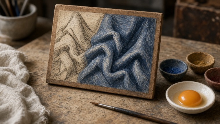 Why Does Egg Tempera Paint in Tiny Strokes? Illustration of an unfinished wooden painting panel: outlined folds on the left become blue cloth built from fine pale and dark strokes on the right. Pigment bowls, a fine brush, and an egg yolk sit on the wooden workbench. This is an imagined demonstration, not a reproduction of a historical painting.