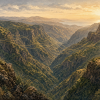 Painterly illustration of two people on opposite terraces of a deep volcanic ravine on La Gomera, one whistling with a hand at his mouth and the other listening; fine golden curves artistically suggest sound crossing the valley in warm evening light.