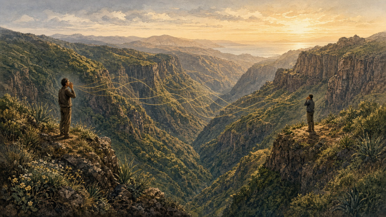 How Can You Speak Across a Valley by Whistling? Painterly illustration of two people on opposite terraces of a deep volcanic ravine on La Gomera, one whistling with a hand at his mouth and the other listening; fine golden curves artistically suggest sound crossing the valley in warm evening light.