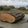 How Do We Know Vikings Cut Wood in America in 1021? Conceptual illustration of a bark-edged wood section with fine annual growth rings on a stone table beside a slender sampling tool, with turf-roofed Norse-style buildings and a misty coast behind it; not a photograph of an excavated specimen.
