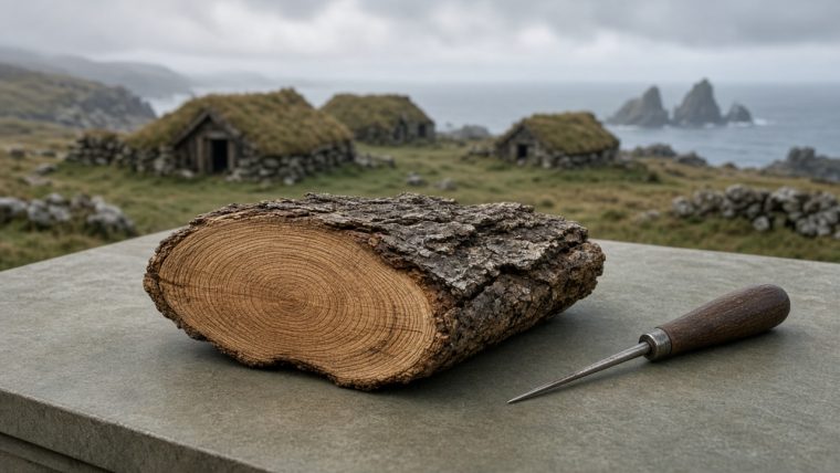 How Do We Know Vikings Cut Wood in America in 1021? Conceptual illustration of a bark-edged wood section with fine annual growth rings on a stone table beside a slender sampling tool, with turf-roofed Norse-style buildings and a misty coast behind it; not a photograph of an excavated specimen.