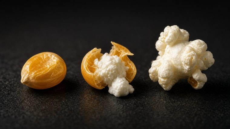Illustrative macro reconstruction of popcorn on a dark cooking surface: an intact golden kernel, a split hull with a white starch lobe touching the surface, and a fully expanded white flake. The three stages illustrate enclosure failure and expansion; this is not experimental footage.