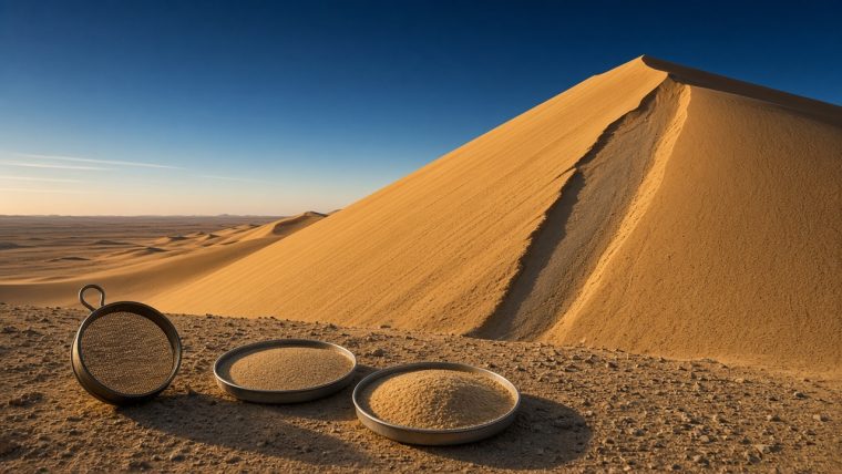 Why Can a Sand Dune Sing More Than One Note? Conceptual illustration of a sunlit golden dune with a steep slip face and a narrow sand-slide channel, with a metal sieve and two trays of sand in the foreground under a clear blue sky; illustrates grain-size experiments, not a photograph of the study site.