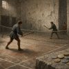 Why Does Tennis Score 15, 30, 40 Instead of 1, 2, 3? A 15th-century jeu de paume match in a stone indoor court, with players striking balls across a net and spectators beside a small pile of coins representing wagers—the medieval setting behind tennis scoring.